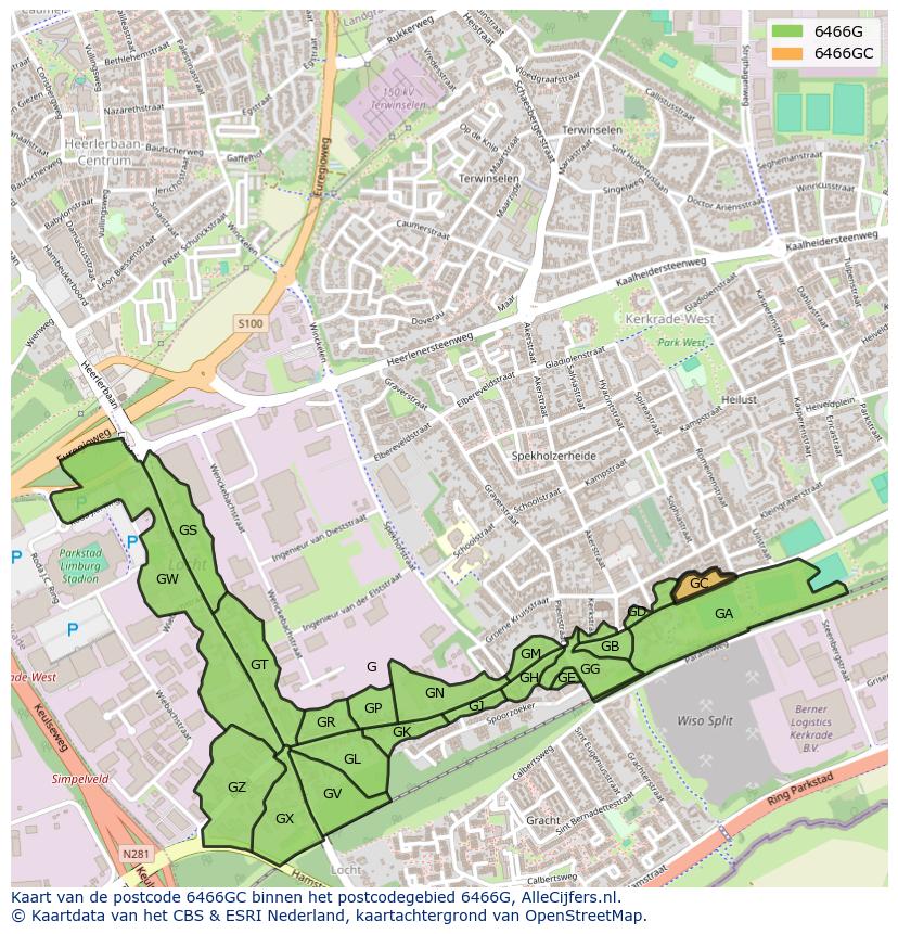 Afbeelding van het postcodegebied 6466 GC op de kaart.