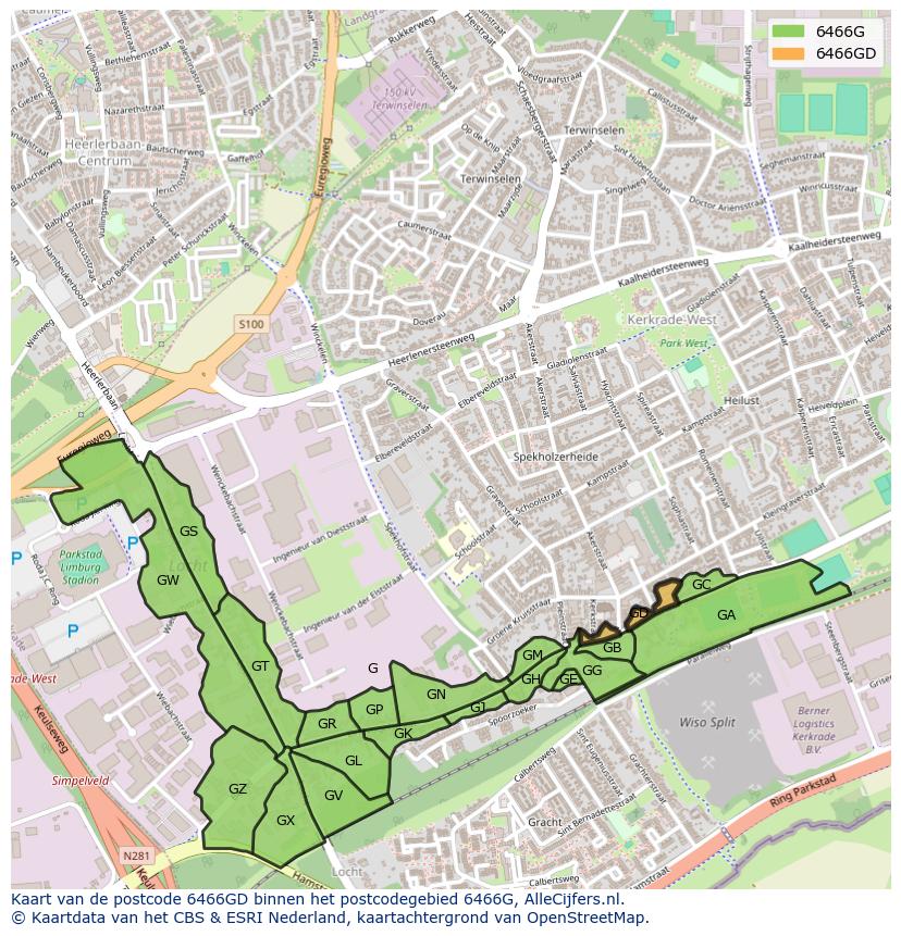 Afbeelding van het postcodegebied 6466 GD op de kaart.