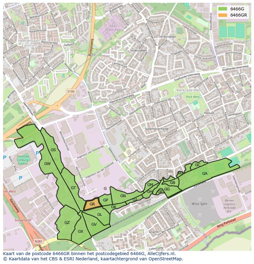 Afbeelding van het postcodegebied 6466 GR op de kaart.