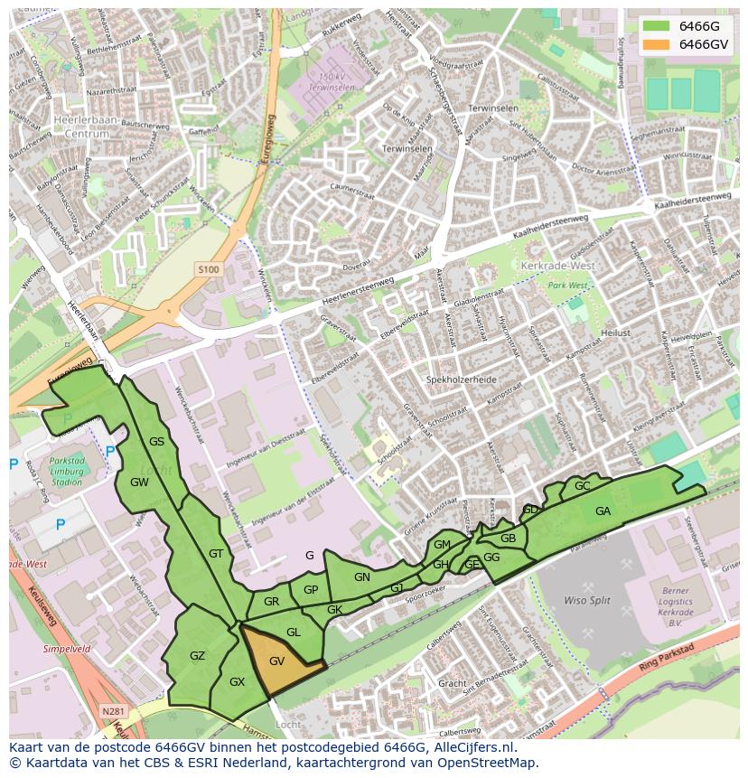 Afbeelding van het postcodegebied 6466 GV op de kaart.