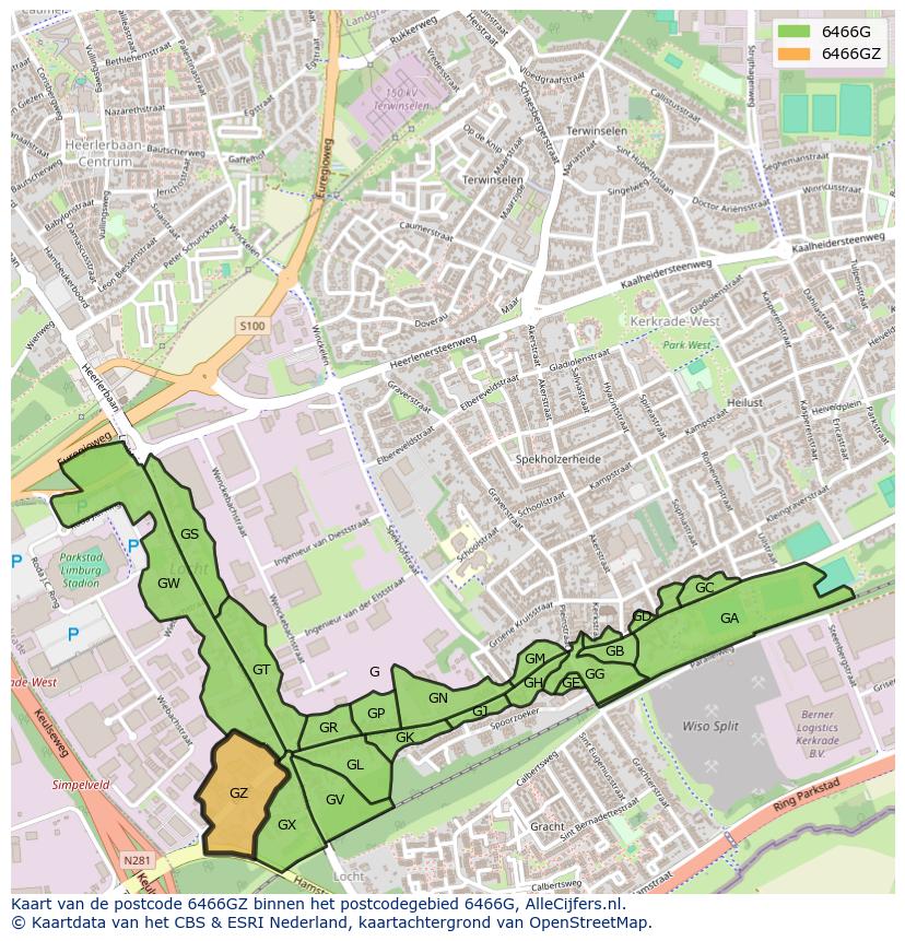 Afbeelding van het postcodegebied 6466 GZ op de kaart.