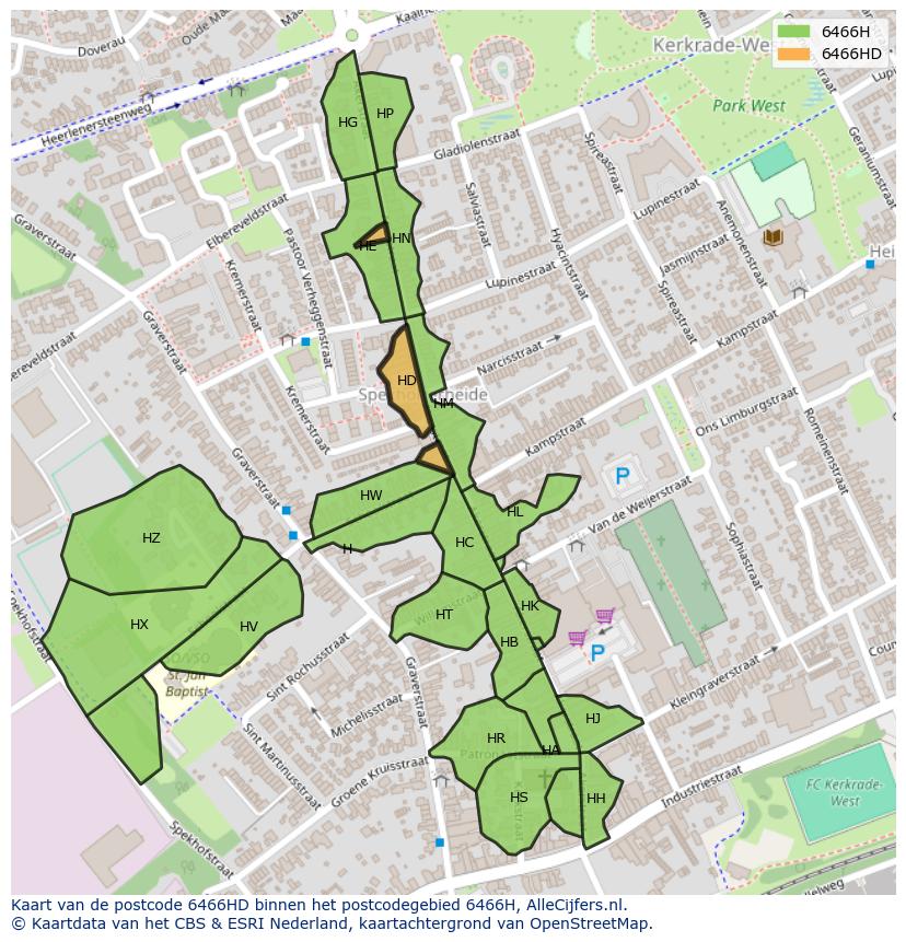 Afbeelding van het postcodegebied 6466 HD op de kaart.