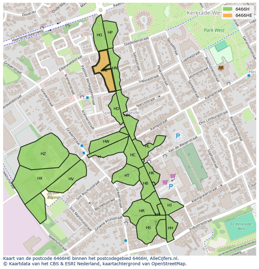 Afbeelding van het postcodegebied 6466 HE op de kaart.