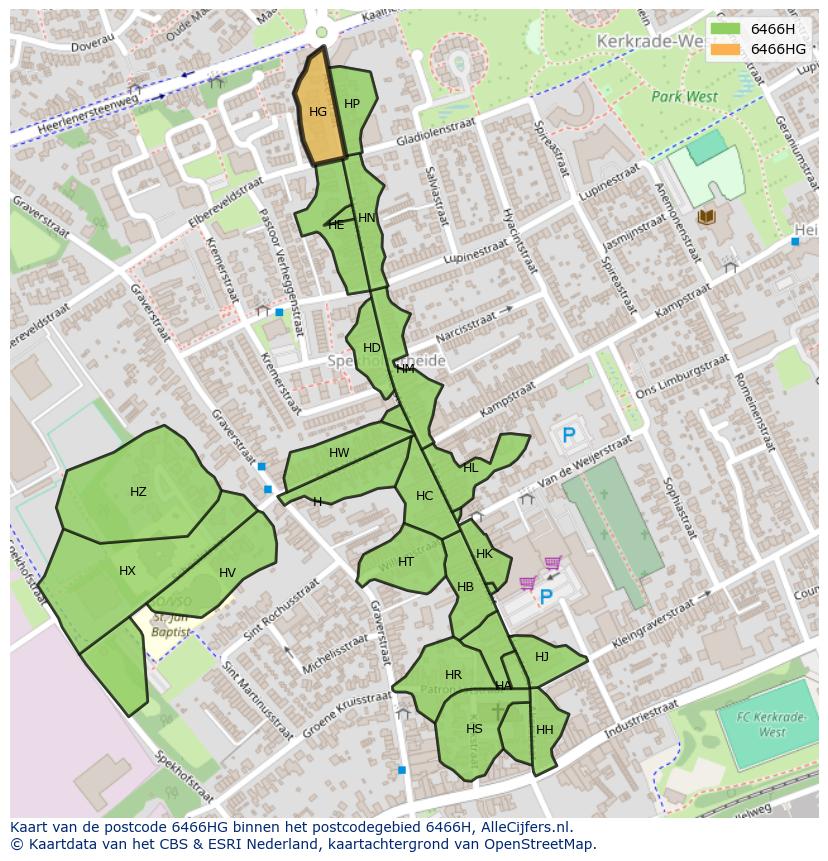 Afbeelding van het postcodegebied 6466 HG op de kaart.
