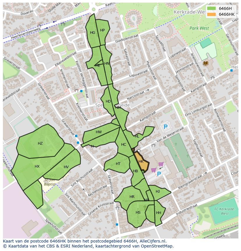 Afbeelding van het postcodegebied 6466 HK op de kaart.