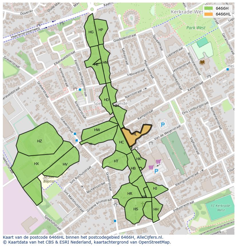 Afbeelding van het postcodegebied 6466 HL op de kaart.