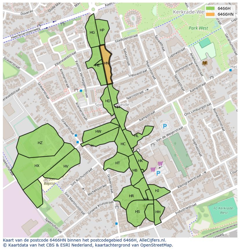 Afbeelding van het postcodegebied 6466 HN op de kaart.