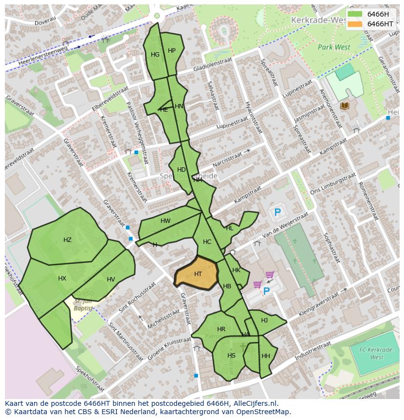 Afbeelding van het postcodegebied 6466 HT op de kaart.