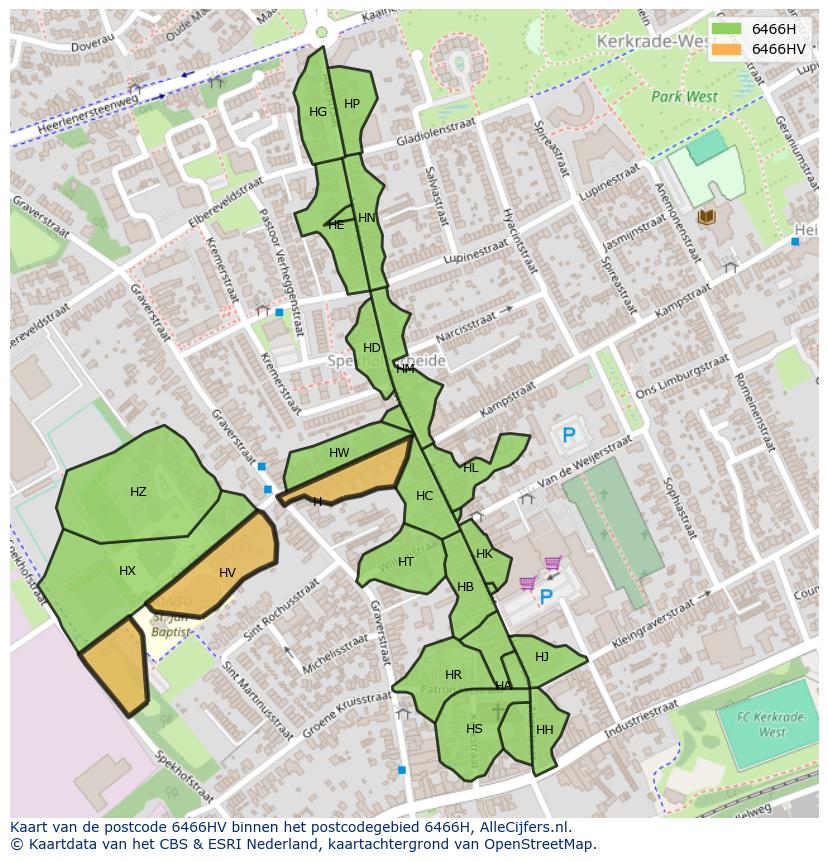Afbeelding van het postcodegebied 6466 HV op de kaart.