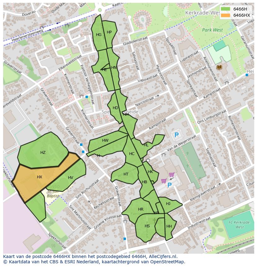 Afbeelding van het postcodegebied 6466 HX op de kaart.