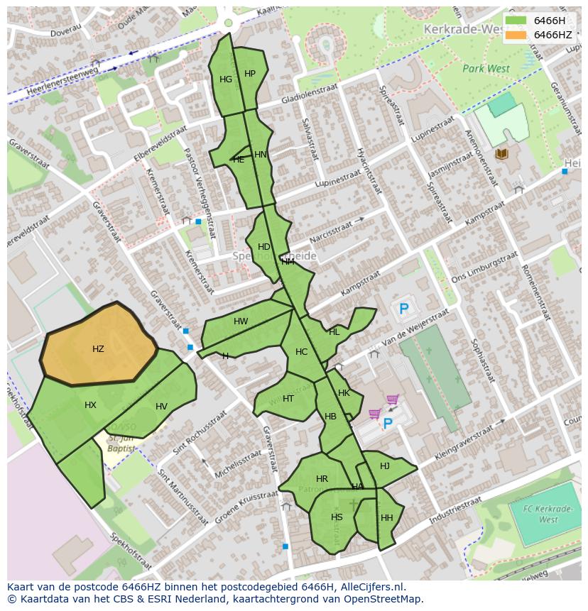 Afbeelding van het postcodegebied 6466 HZ op de kaart.