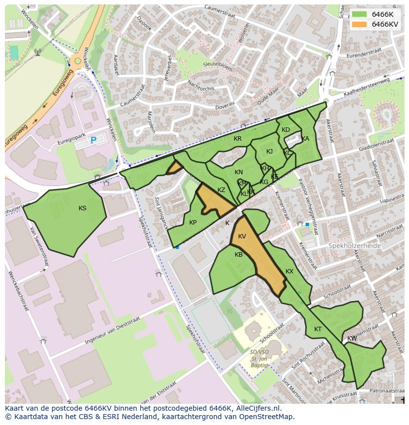 Afbeelding van het postcodegebied 6466 KV op de kaart.