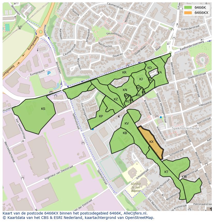 Afbeelding van het postcodegebied 6466 KX op de kaart.