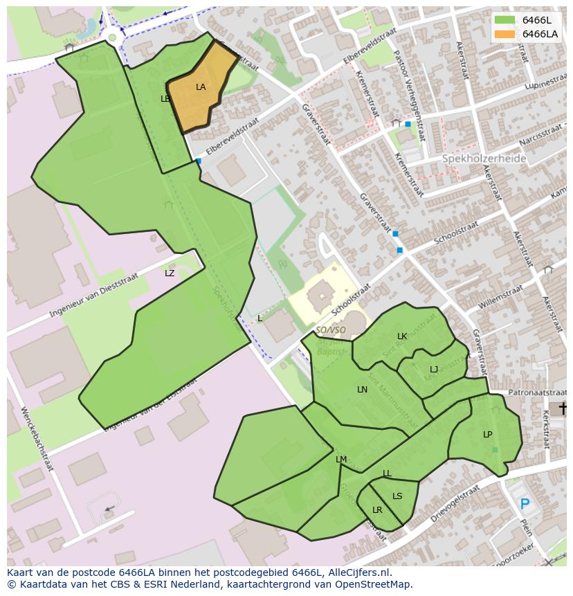 Afbeelding van het postcodegebied 6466 LA op de kaart.