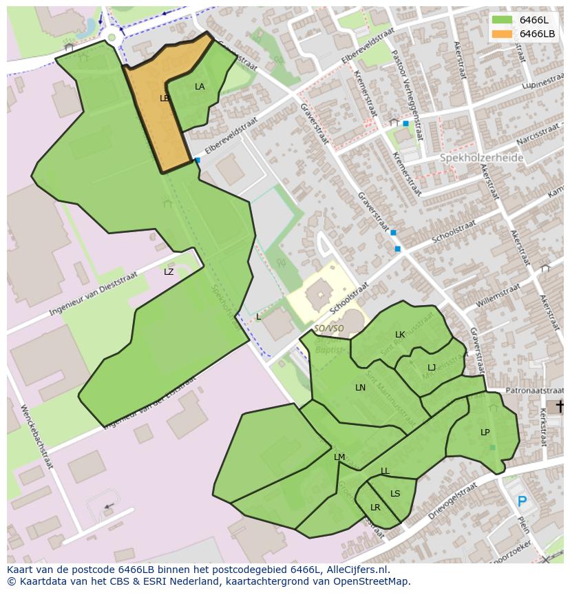 Afbeelding van het postcodegebied 6466 LB op de kaart.