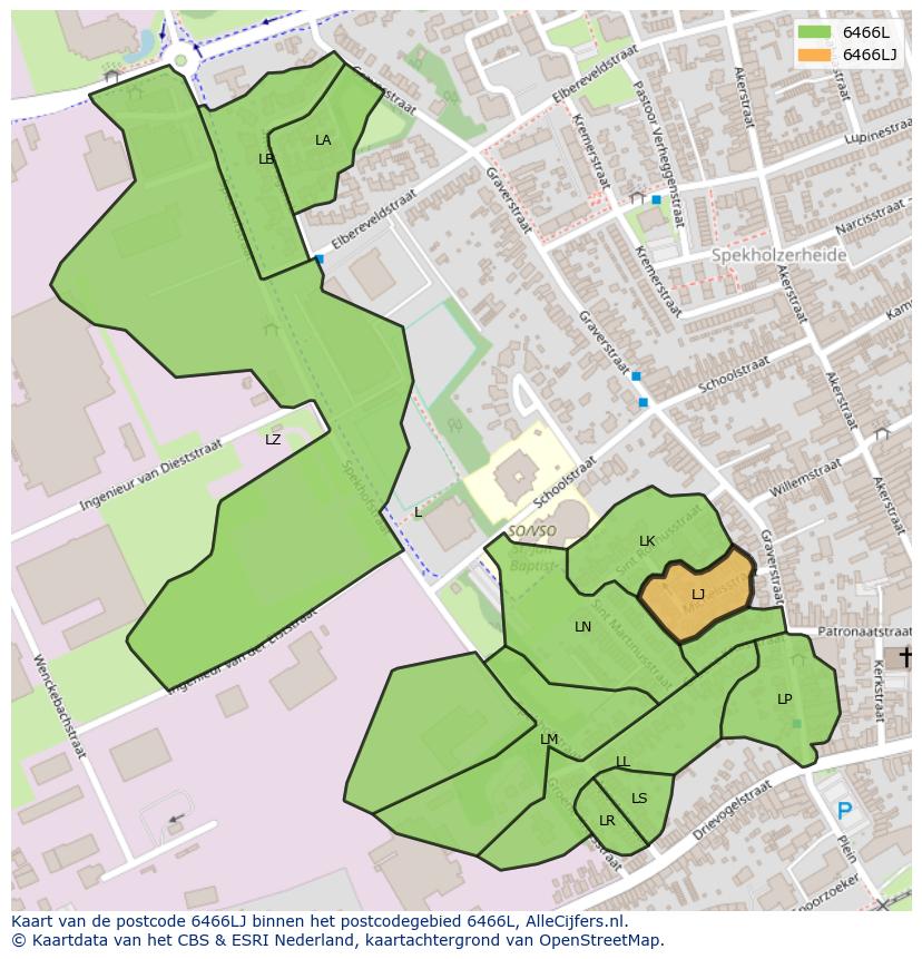 Afbeelding van het postcodegebied 6466 LJ op de kaart.