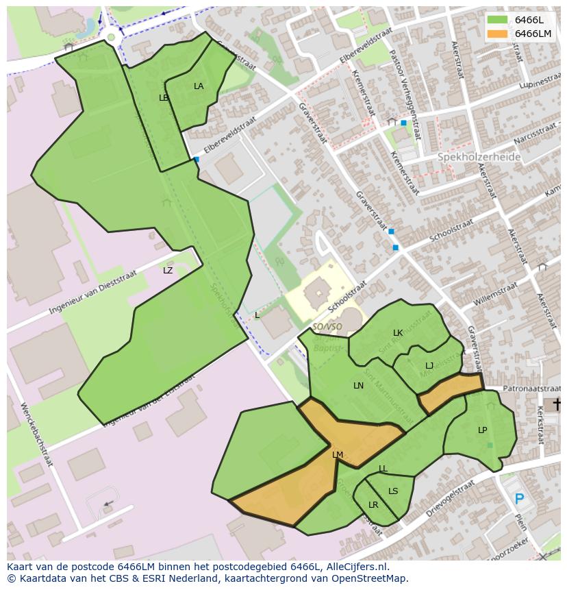 Afbeelding van het postcodegebied 6466 LM op de kaart.