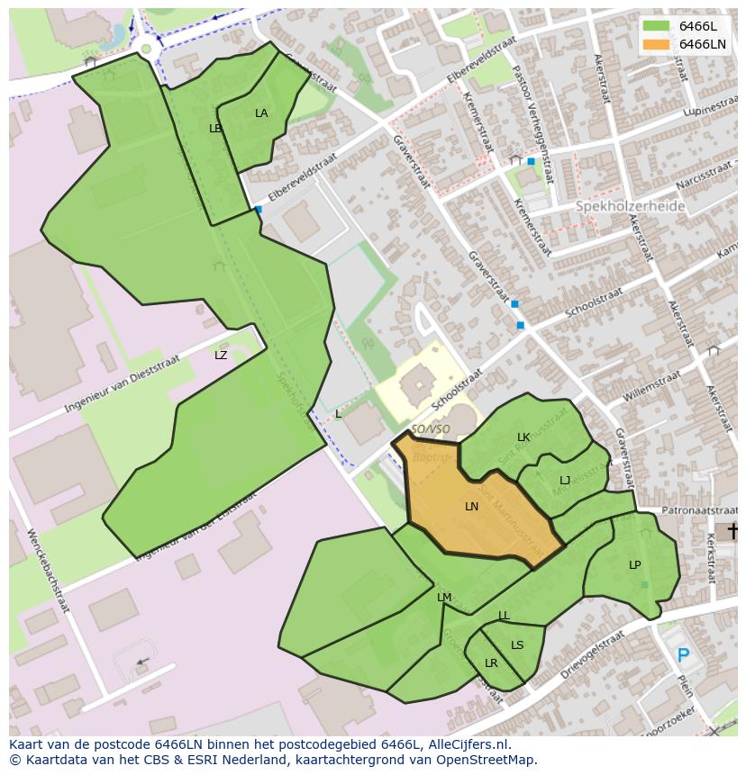 Afbeelding van het postcodegebied 6466 LN op de kaart.