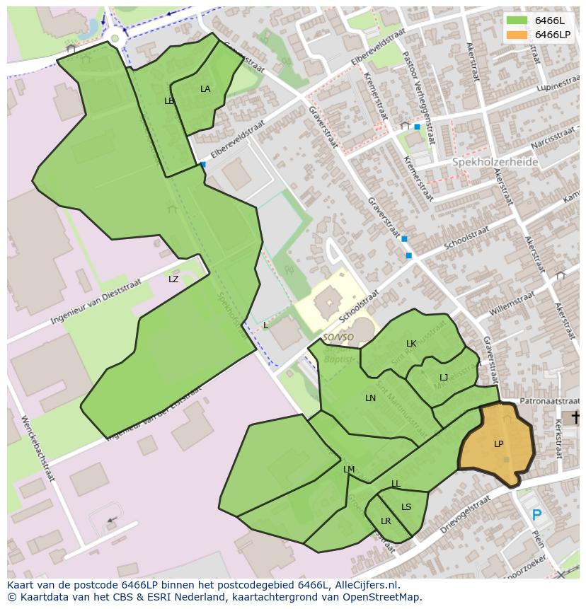 Afbeelding van het postcodegebied 6466 LP op de kaart.