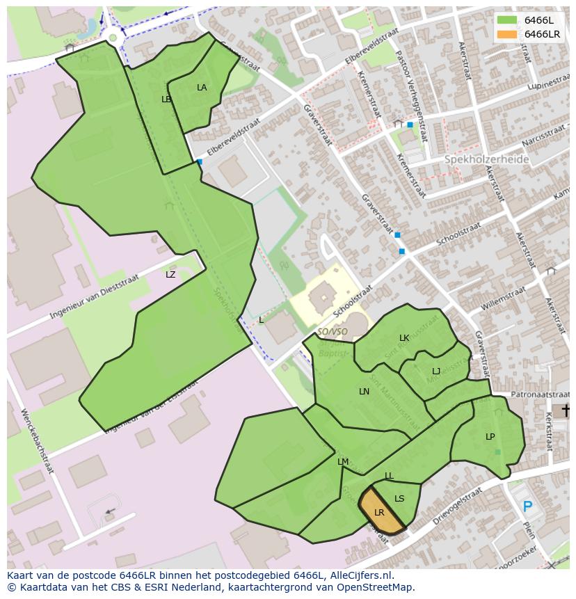 Afbeelding van het postcodegebied 6466 LR op de kaart.