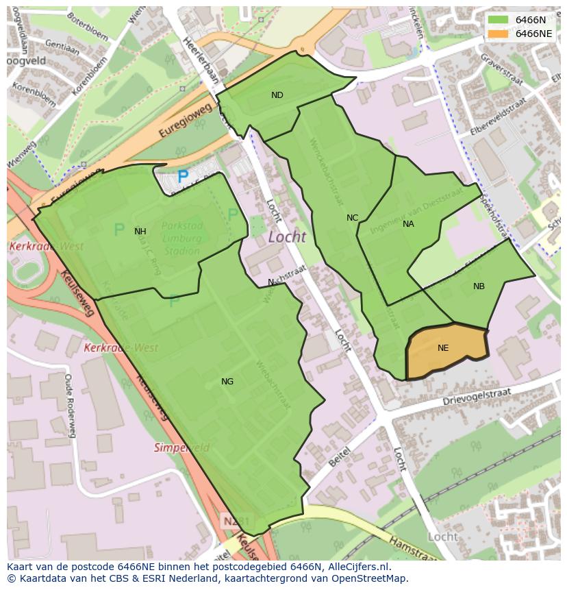 Afbeelding van het postcodegebied 6466 NE op de kaart.
