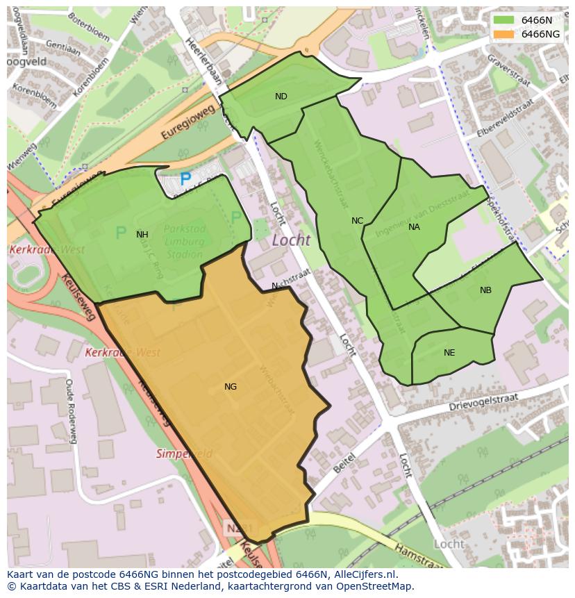 Afbeelding van het postcodegebied 6466 NG op de kaart.