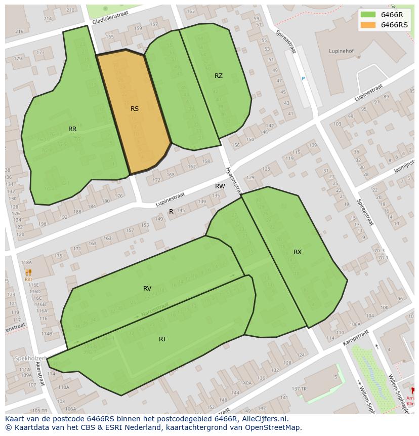 Afbeelding van het postcodegebied 6466 RS op de kaart.