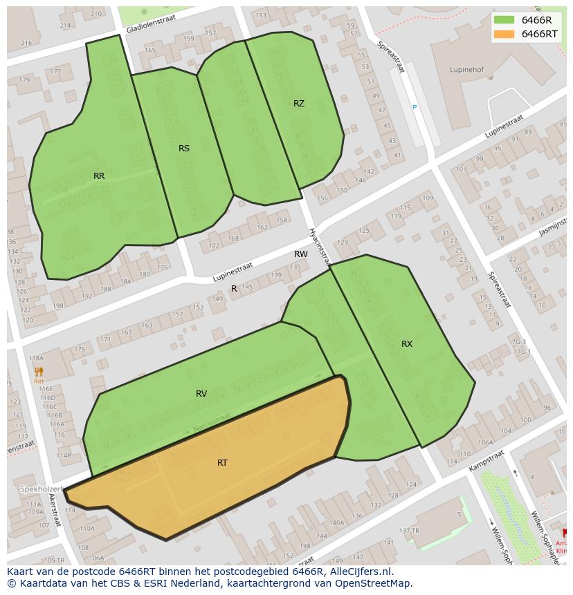 Afbeelding van het postcodegebied 6466 RT op de kaart.