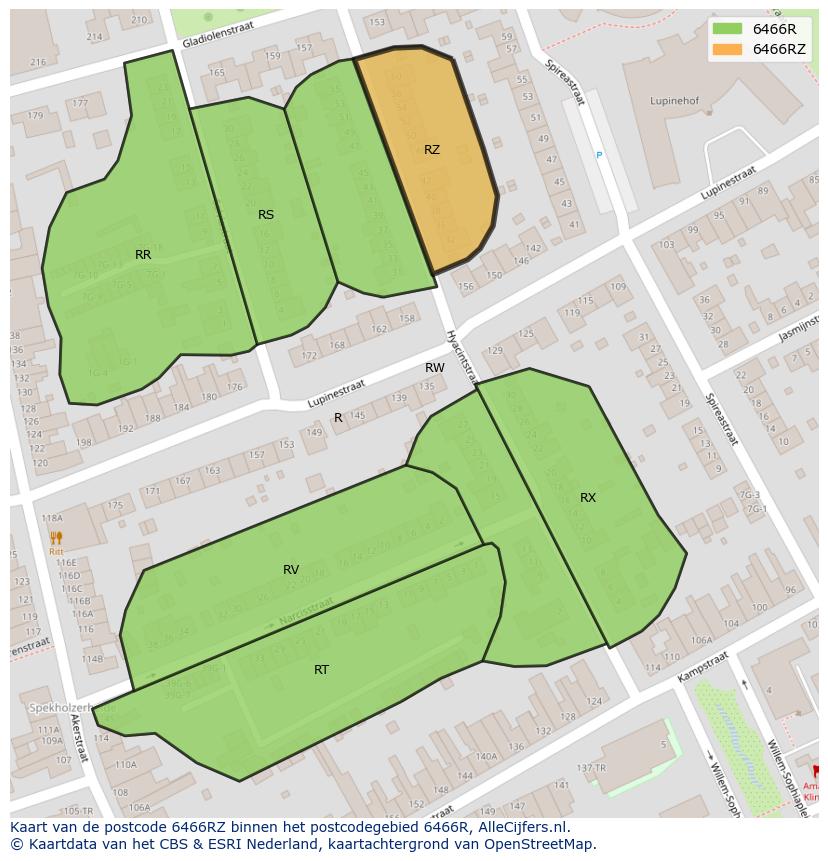 Afbeelding van het postcodegebied 6466 RZ op de kaart.
