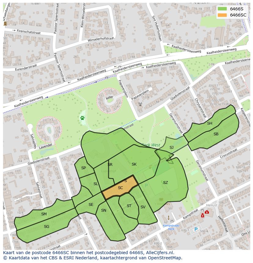 Afbeelding van het postcodegebied 6466 SC op de kaart.
