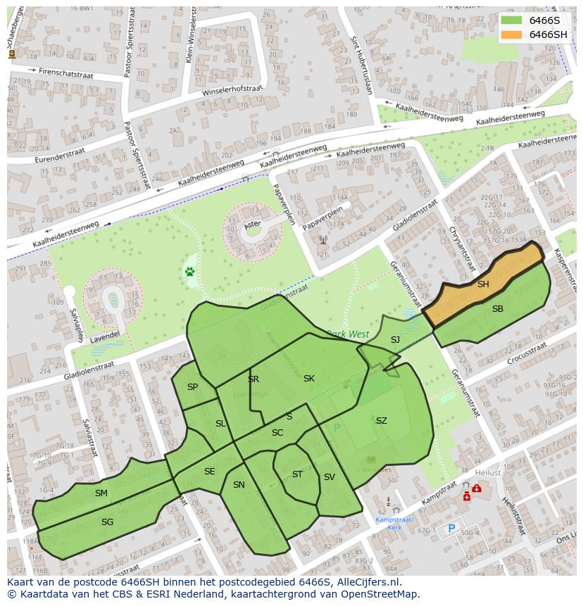 Afbeelding van het postcodegebied 6466 SH op de kaart.