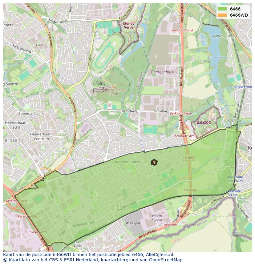 Afbeelding van het postcodegebied 6466 WD op de kaart.