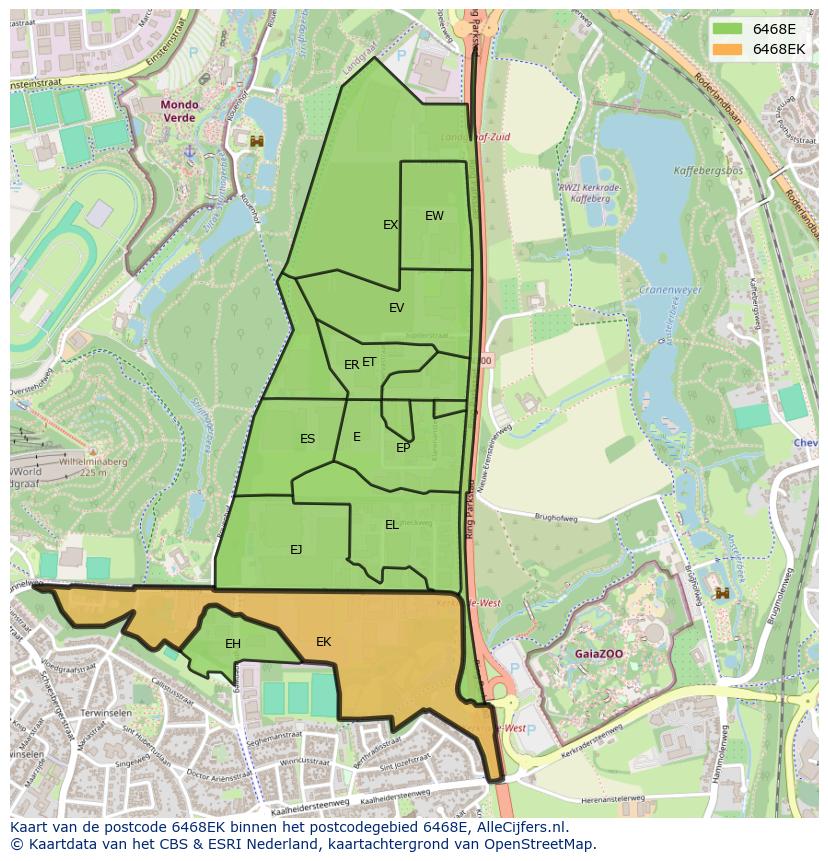 Afbeelding van het postcodegebied 6468 EK op de kaart.