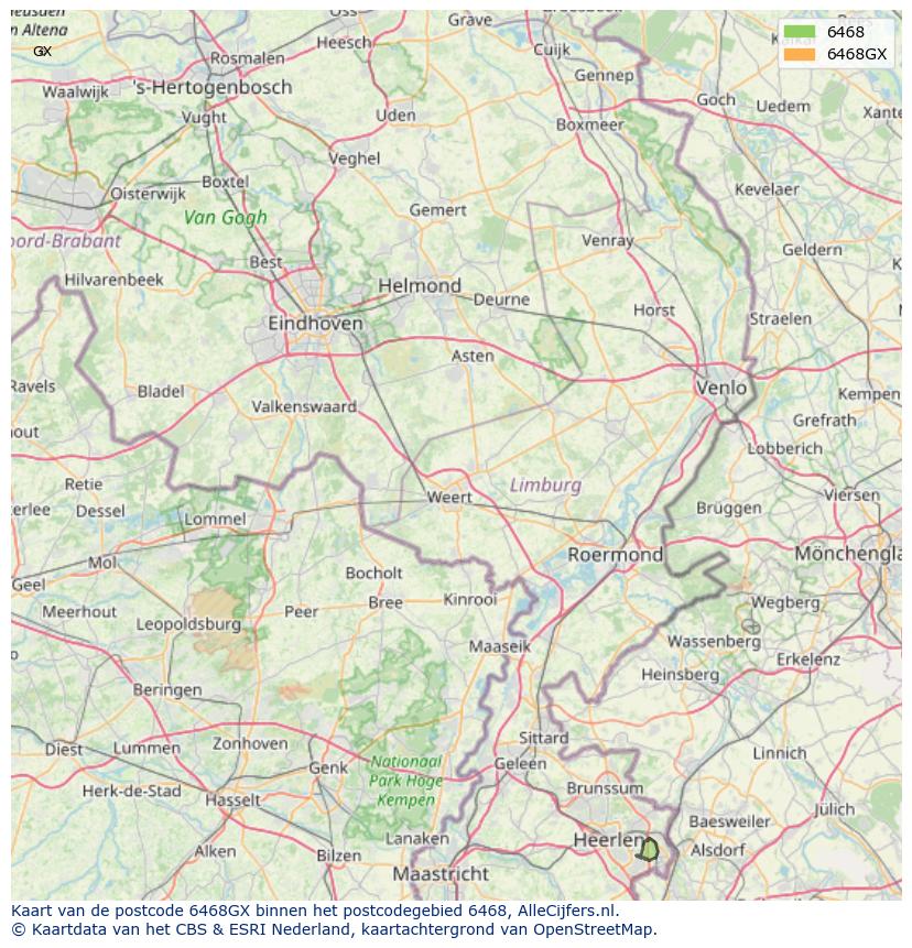 Afbeelding van het postcodegebied 6468 GX op de kaart.