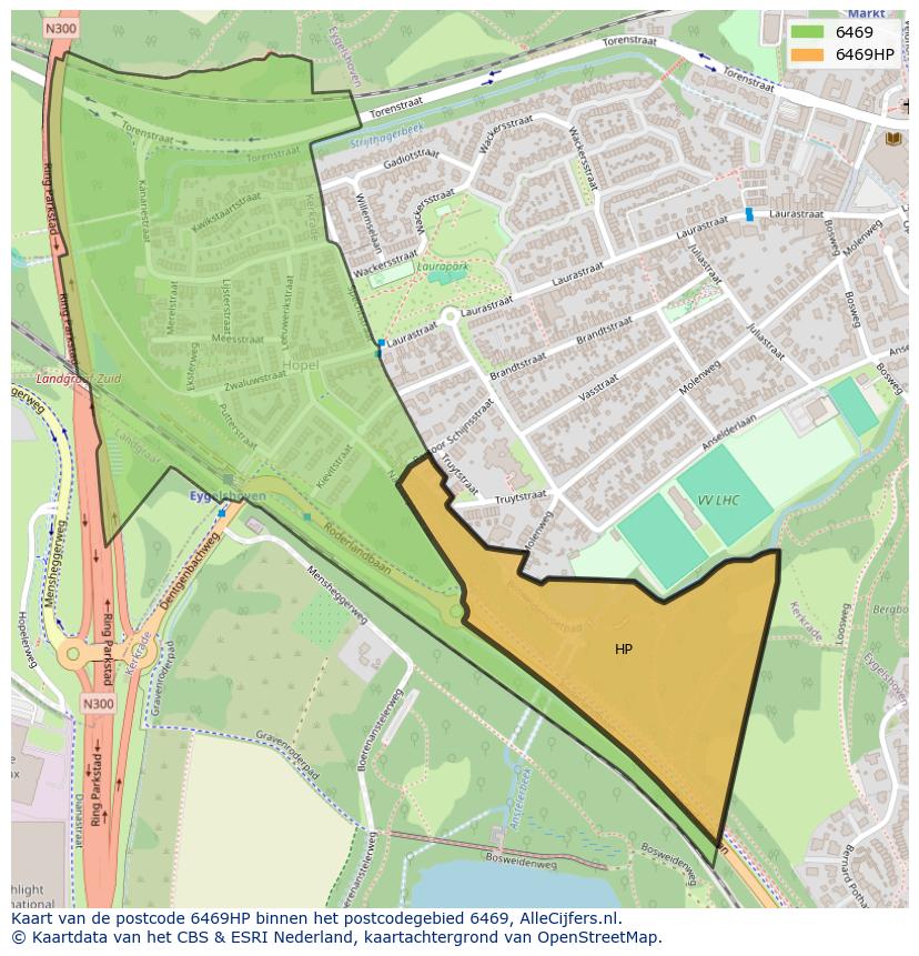 Afbeelding van het postcodegebied 6469 HP op de kaart.