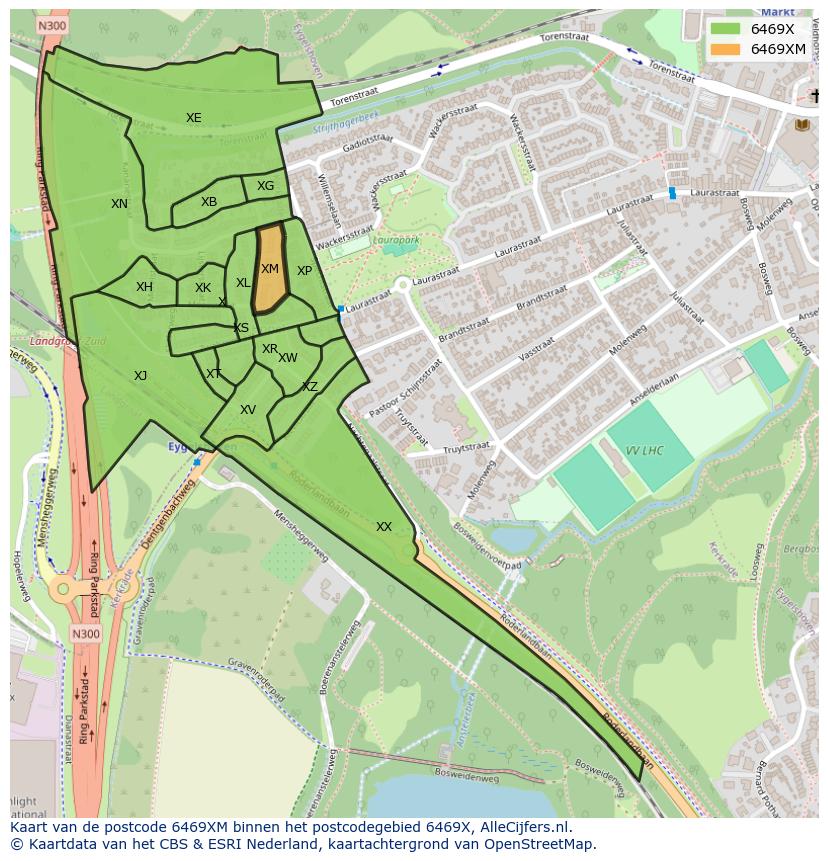 Afbeelding van het postcodegebied 6469 XM op de kaart.