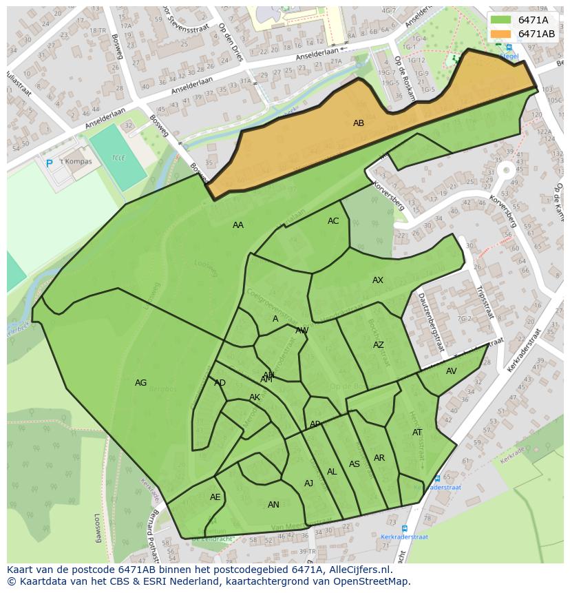 Afbeelding van het postcodegebied 6471 AB op de kaart.