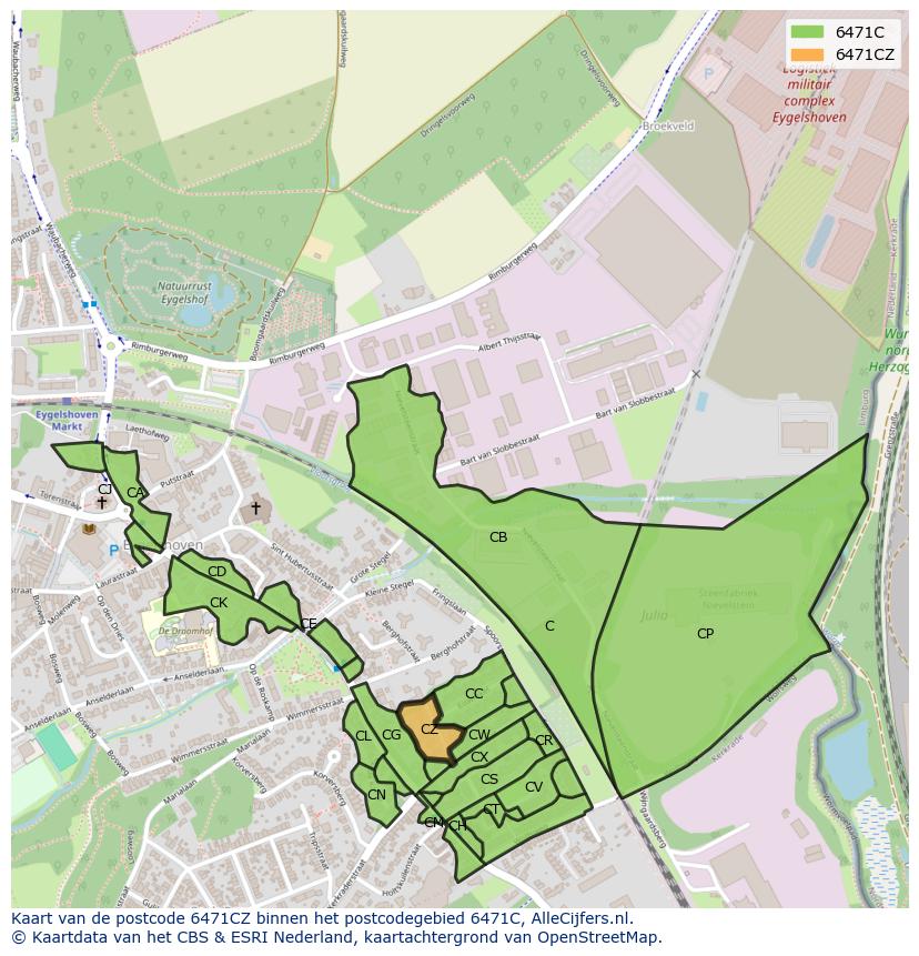 Afbeelding van het postcodegebied 6471 CZ op de kaart.