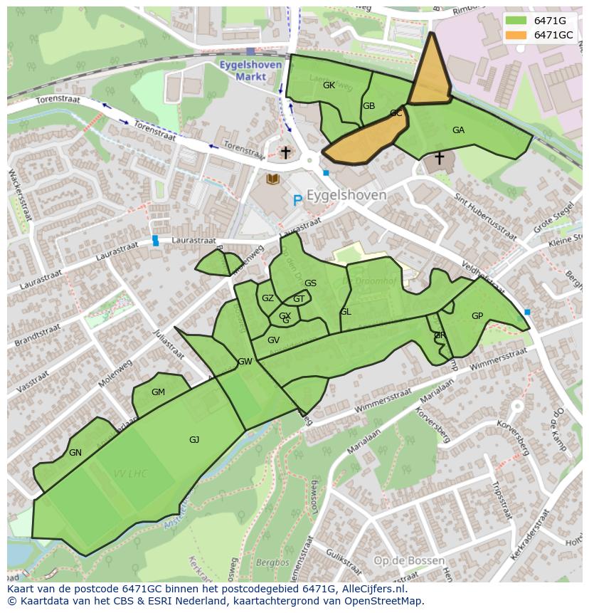 Afbeelding van het postcodegebied 6471 GC op de kaart.