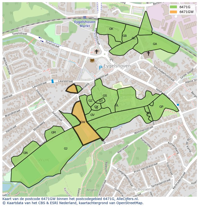 Afbeelding van het postcodegebied 6471 GW op de kaart.
