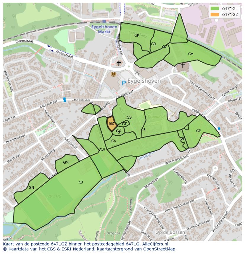 Afbeelding van het postcodegebied 6471 GZ op de kaart.