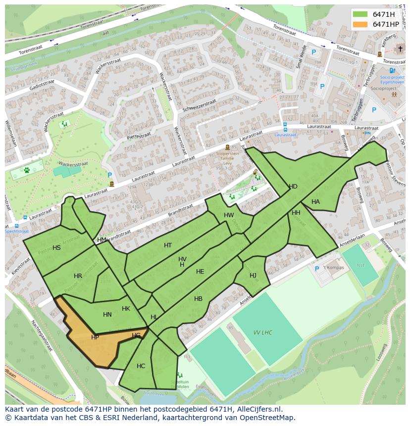 Afbeelding van het postcodegebied 6471 HP op de kaart.