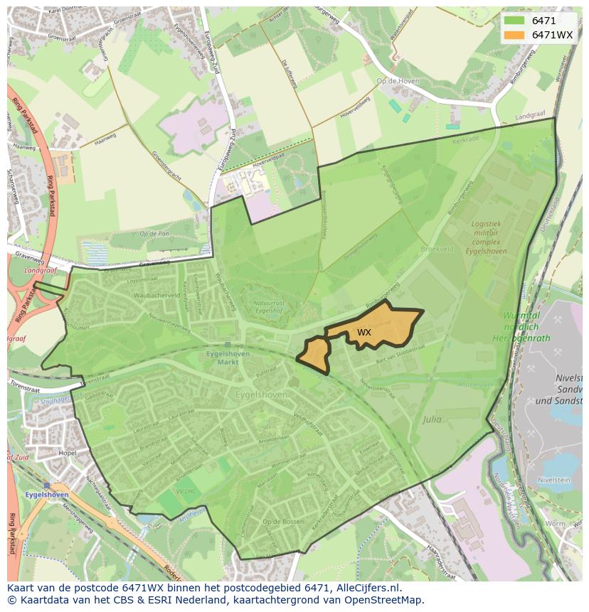 Afbeelding van het postcodegebied 6471 WX op de kaart.