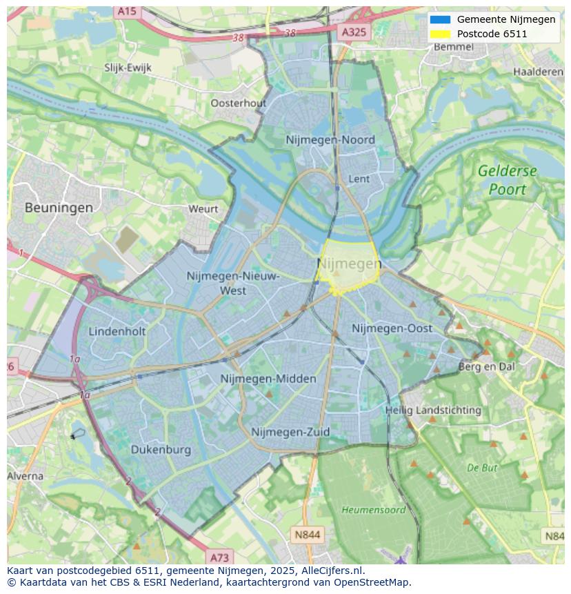 Afbeelding van het postcodegebied 6511 op de kaart.