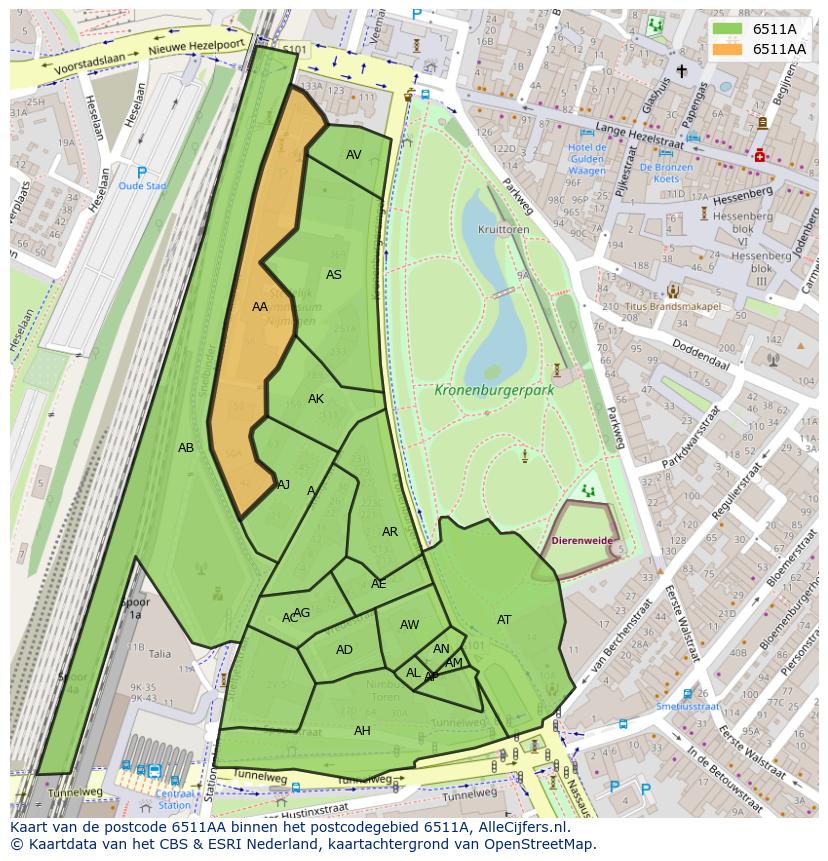 Afbeelding van het postcodegebied 6511 AA op de kaart.