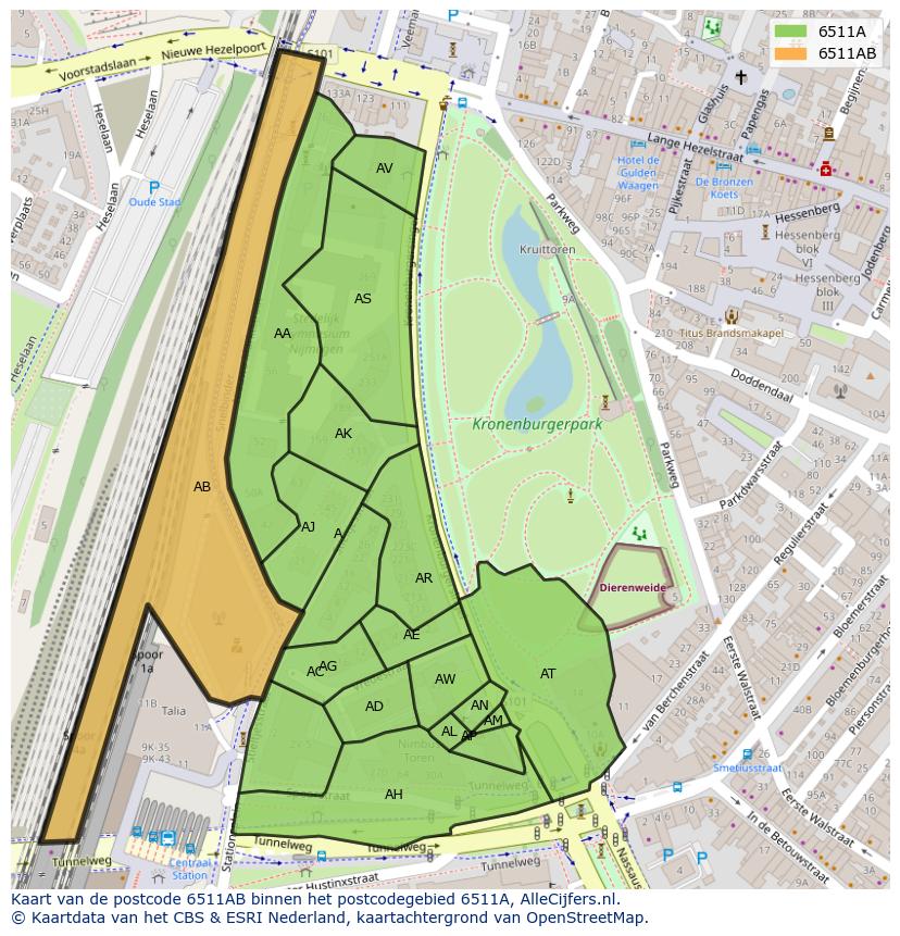 Afbeelding van het postcodegebied 6511 AB op de kaart.