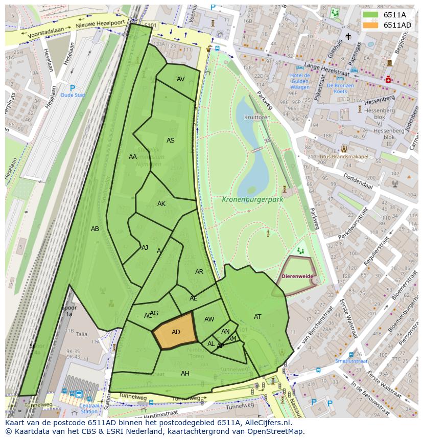 Afbeelding van het postcodegebied 6511 AD op de kaart.