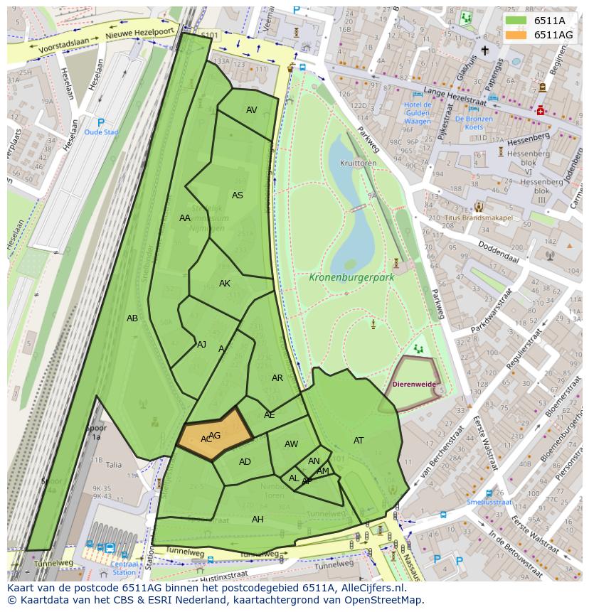 Afbeelding van het postcodegebied 6511 AG op de kaart.