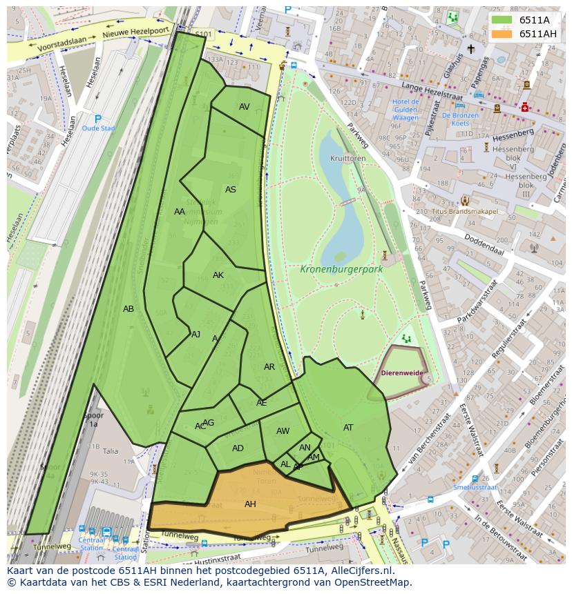 Afbeelding van het postcodegebied 6511 AH op de kaart.