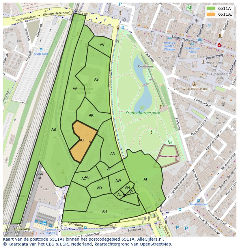 Afbeelding van het postcodegebied 6511 AJ op de kaart.